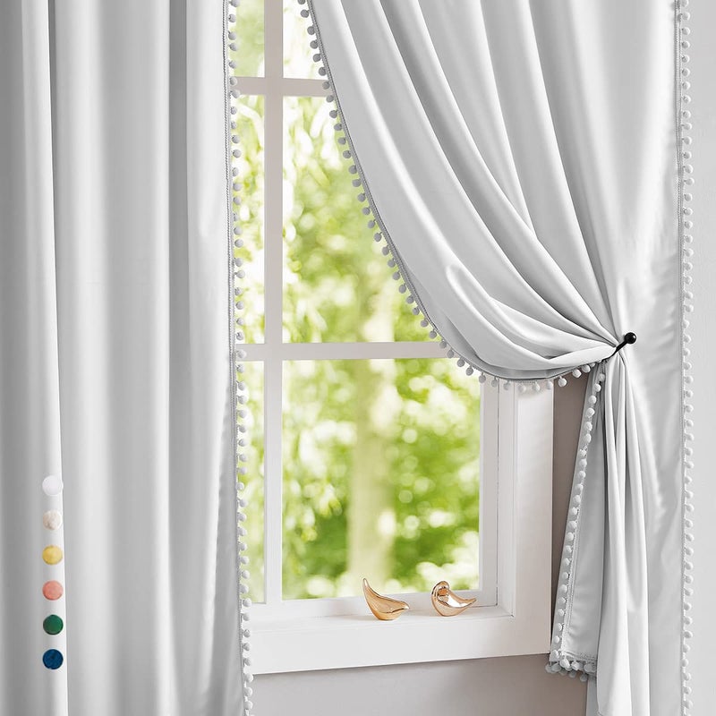 Treatmentex Pompom Grey Velvet Curtains for Bedroom Windows 84" Long Decorative Room Darkening Curtains for Living Room Light Grey 42" w x 2Panels - Image 1